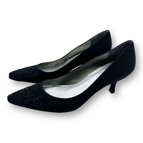 Stuart Weitzman Black Fabric Kitten Heeled Pointed Toe Pump w/Lace Crystals 8.5M - Picture 3 of 11